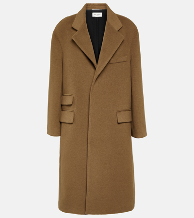 Saint Laurent Oversized Wool Coat In Beige