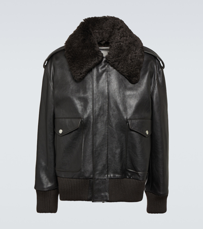 Burberry Straight-point Collar Leather Jacket In Otter