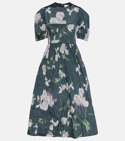 Erdem Floral-print Crinkle Midi Dress With Volume Skirt In Black