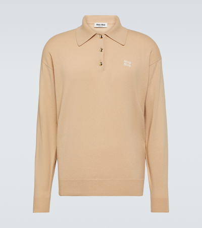 Miu Miu Logo Cashmere Polo Shirt In Beige