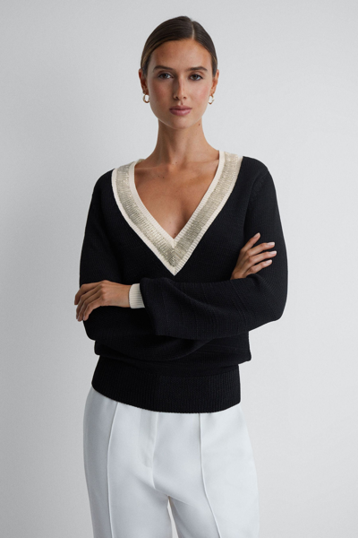 Reiss Courtney - Black/cream Contrast Trim Embellished V-neck Jumper, S