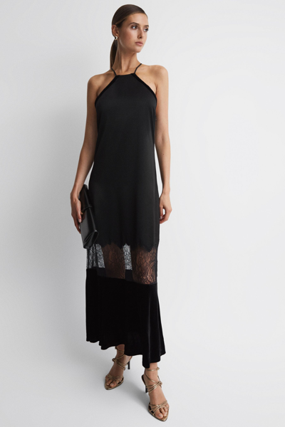 Reiss Janelle - Black Fitted Satin-velvet Midi Dress, Us 6