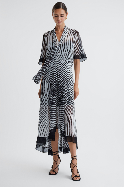 Reiss Anaya - Black/white Anaya Check Removable Neck Tie Midi Dress, Us 2