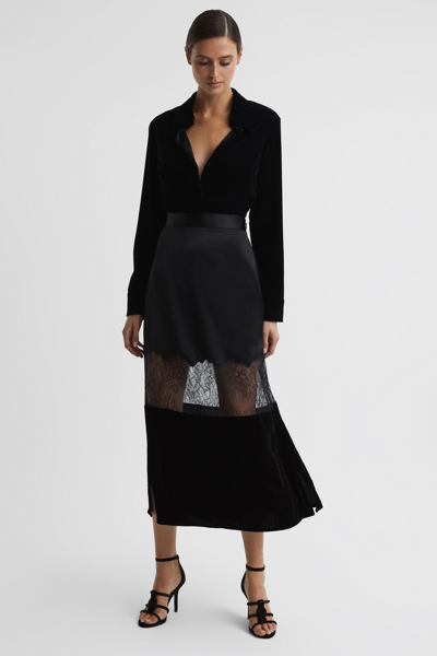 Reiss Tilly - Black Fitted Satin-velvet Midi Skirt, Us 4
