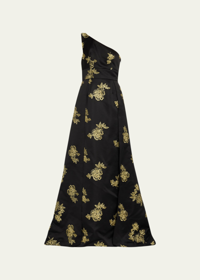 Marchesa Notte Floral-embroidered One-shoulder Gown In Black Gold