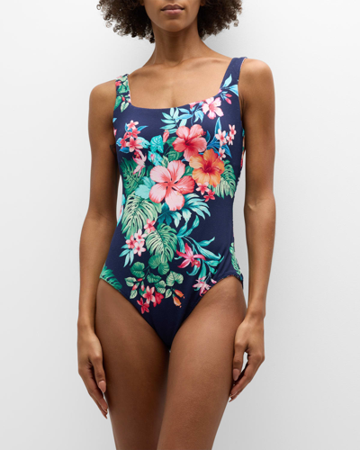 Tommy Bahama Island Cays Flora Reversible One-piece Swimsuit In Mare Navy