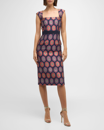 Etro Optic Brocade Cap-sleeve Midi Dress In Dark Blue