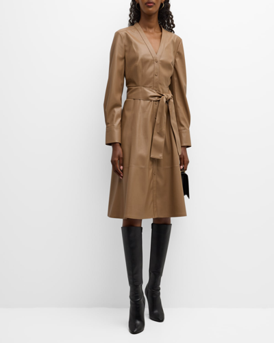 Kobi Halperin Fontana Faux Leather Belted Dress In Warm Tan