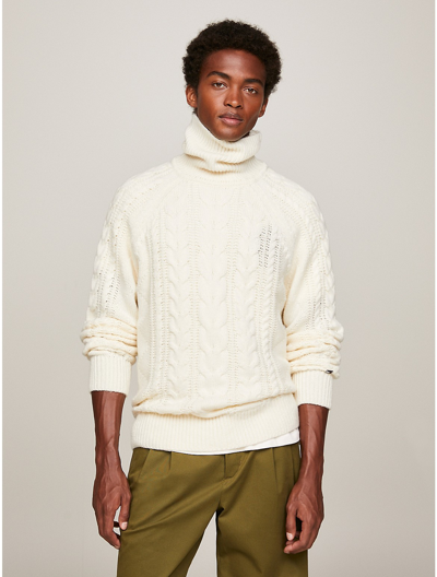 Tommy Hilfiger Relaxed Fit Cable Knit Turtleneck In Ecru