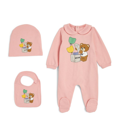Moschino Teddy Bear All-in-one, Bib And Beanie Set (1-9 Months) In Pink