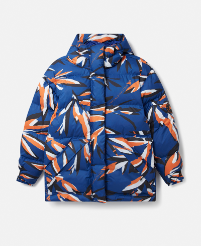 Stella Mccartney Truenature Floral Print Mid-length Padded Jacket In Mystery Ink/unity Orange/white