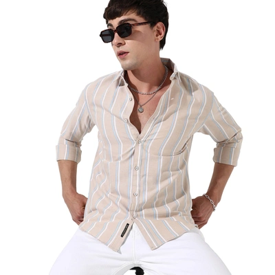 Campus Sutra Striped Cotton Button-up Shirt In Beige