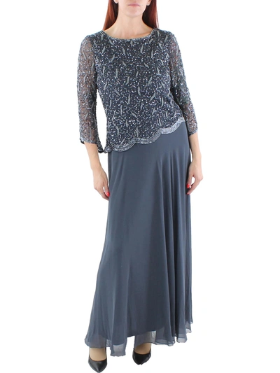 Jkara Womens Mesh Embellished Evening Dress In Grey