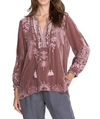 Johnny Was Dylan Double Tassel Peasant Blouse In Vintage Rose In Red