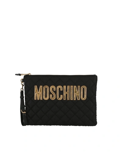 Moschino Women's Logo Quilted Nylon Wristlet In Black