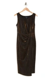 Connected Apparel Metallic Sleeveless Faux Wrap Dress In Copper