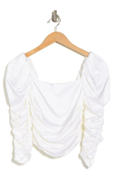 Alice And Olivia Katrice Ruched Puff Sleeve Silk Blend Crop Top In Off White
