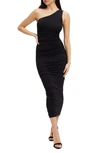 Shop Good American Ruched One-shoulder Chiffon Midi Dress In Black