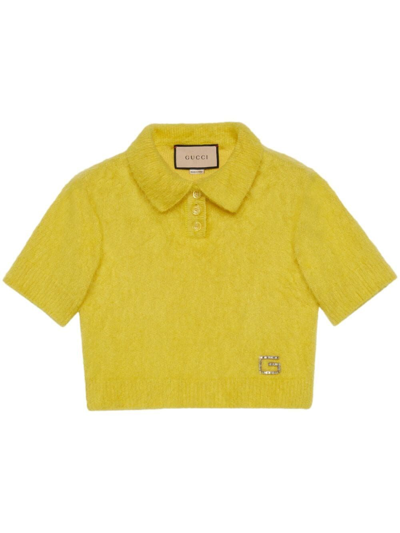 Gucci Crystal-embellished Knit Polo Top In Yellow