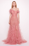 MARCHESA FEATHER-EMBROIDERED TULLE OFF-THE-SHOULDER GOWN