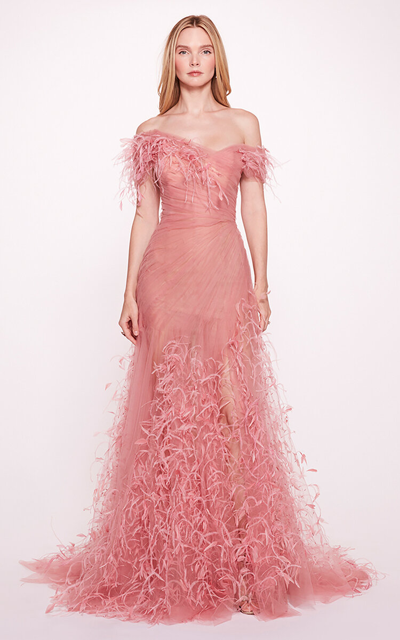 Marchesa Feather-embroidered Off-the-shoulder Gown In Pink