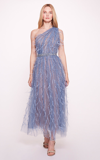 MARCHESA FEATHER-EMBROIDERED TULLE ONE-SHOULDER MIDI DRESS