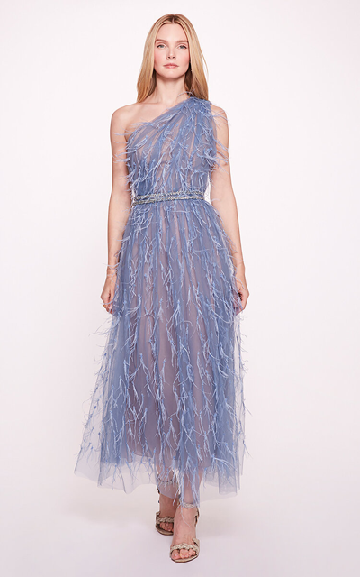 Marchesa Feather-embroidered One-shoulder Midi Dress In Blue