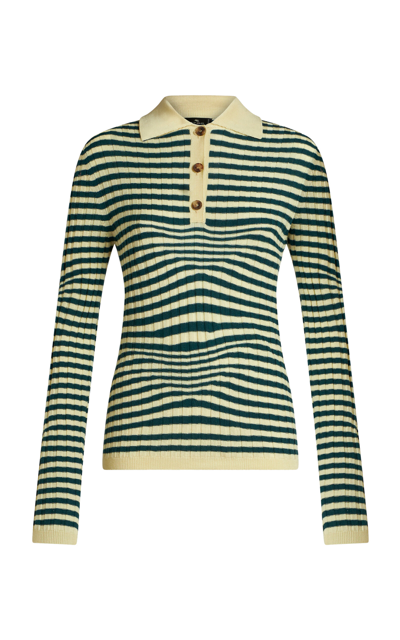 Etro Striped Knit Wool Polo Jumper In Green,beige