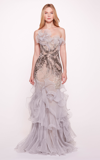 MARCHESA RUFFLED CRYSTAL-EMBELLISHED TULLE GOWN
