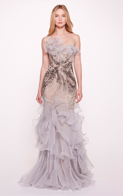 Marchesa Crystal-embellished Pleated Ruffle Gown In Grey