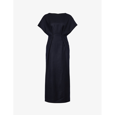 Dries Van Noten Womens Navy Pleat-embellished Sleeveless Wool Midi Dress