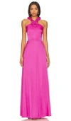 Amur Priyanka Rosette Crepe De Chine Halter Gown In Pink