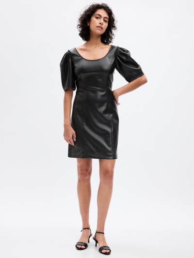 Gap Vegan Leather Puff Sleeve Mini Dress In Black