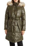 SAM EDELMAN BELTED PUFFER COAT WITH FAUX FUR TRIM HOOD