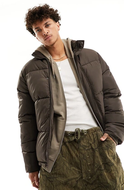 Asos Design Shower Resistant Puffer Jacket With Detachable Hood In Brown