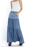 WASH LAB DENIM CONTRAST TIERED DENIM MAXI SKIRT