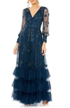 Mac Duggal Embellished Long Sleeve Tulle Gown In Twilight