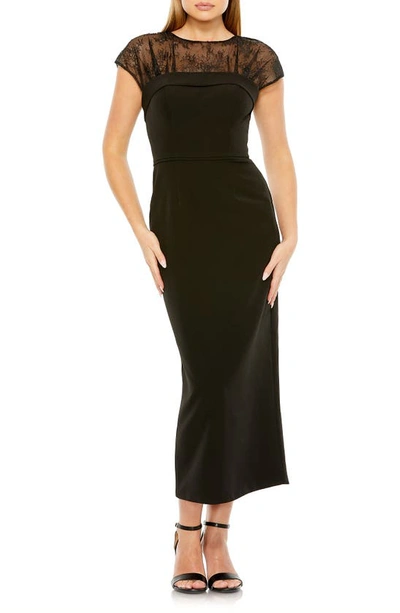 Mac Duggal Sheer Lace Illusion Crepe Midi Dress In Black In Animal Print