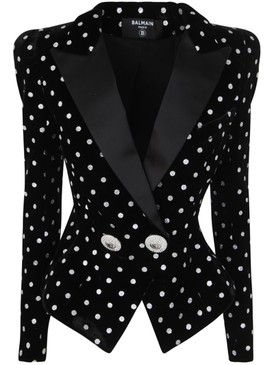 Balmain 2-button Glitter Polka-dot Velvet Jacket In Black