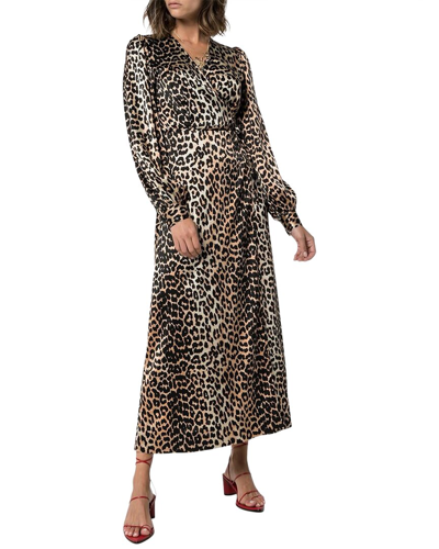 Ganni 3/4-sleeve Wrap Silk-blend Maxi Dress In Brown