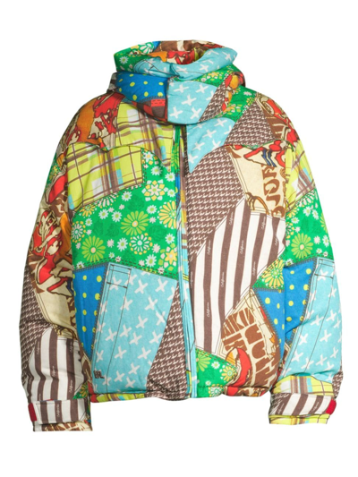 Erl Unisex Cowboy Snowboard Down Coat Woven Multicolour Patchwork Printed Hooded Puffer - Unisex Cowboy In Blue