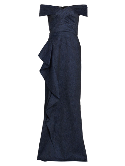 Teri Jon By Rickie Freeman Women's Metallic Cascade Off-the-shoulder Gown In Sapphire Black
