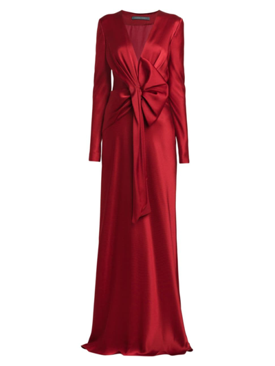 Alberta Ferretti Draped Bow Long-sleeve Satin Gown In Rosso