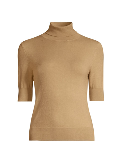 Majestic Stretch Organic Cotton Knit Elbow Sleeve Turtleneck Sweater In Camel