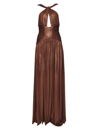 Retroféte Salem Cutout Metallic Plissé-lamé Halterneck Gown In Chocolate