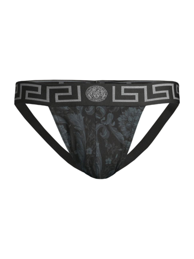 Versace Men's Baroque-print Briefs In Black Grey