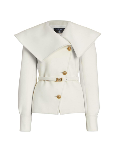 Balmain Oversized-collar Belted Wool Jacket In White