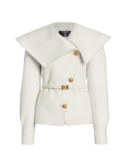 Balmain Oversized-collar Belted Wool Jacket In Beige