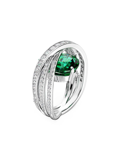 Swarovski Women's Hyperbola Rhodium-plated &  Crystal 4-band Cocktail Ring In Green