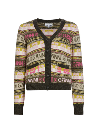 Ganni Logo Intarsia-knit V-neck Cardigan In Kalamata